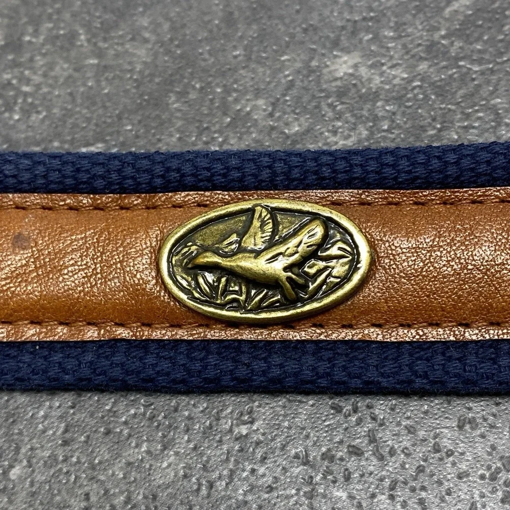 Flying Duck Medallion Golf Belt Men's 38 Waist Tan Leather & Blue Woven Fabric